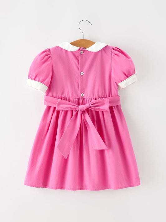 FALL Girls Hot Pink Floral Embroidered Smocked Dress -