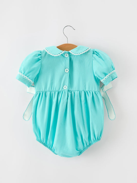 FALL Girls Aqua Smocked Floral Bow Bubble Romper -