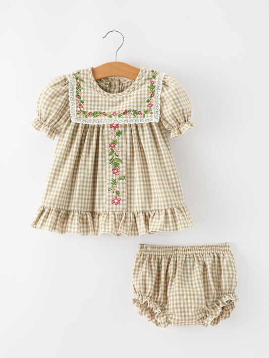 FALL Girls Khaki Plaid Floral Embroidered Bloomer Set -