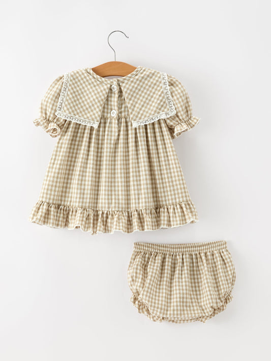FALL Girls Khaki Plaid Floral Embroidered Bloomer Set -