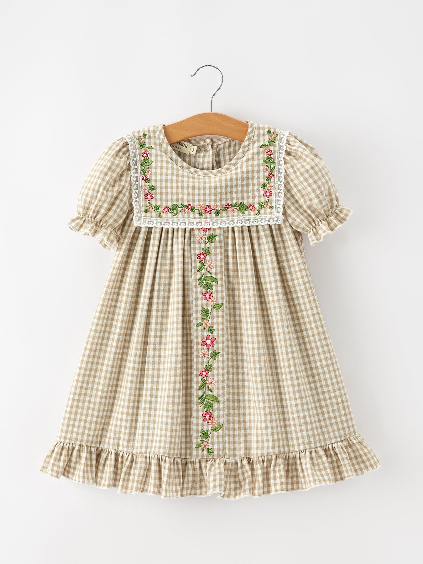 Fall Girls Khaki Plaid Floral Embroidered Dress -