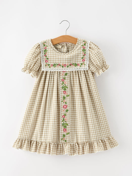 Fall Girls Khaki Plaid Floral Embroidered Dress -