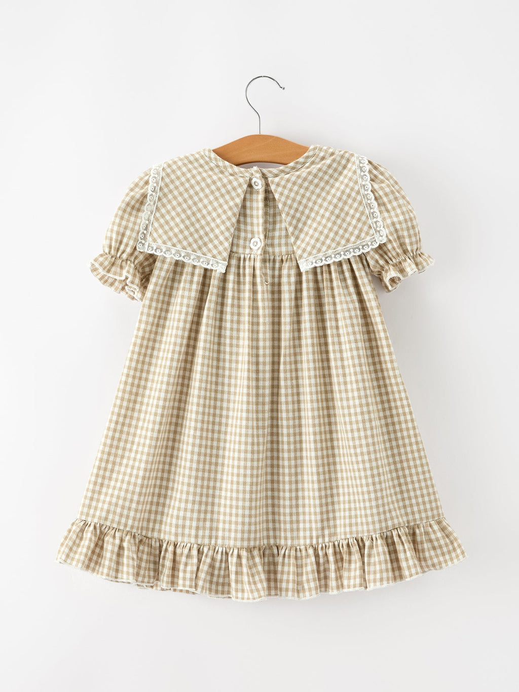 Fall Girls Khaki Plaid Floral Embroidered Dress -