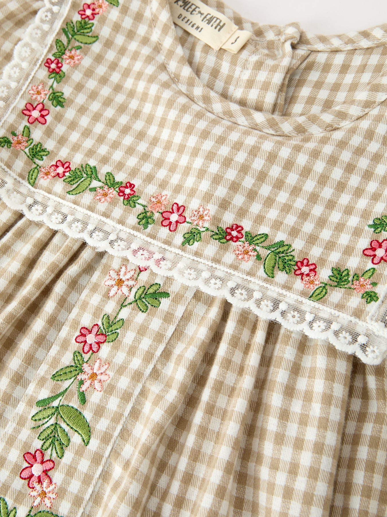 Fall Girls Khaki Plaid Floral Embroidered Dress -