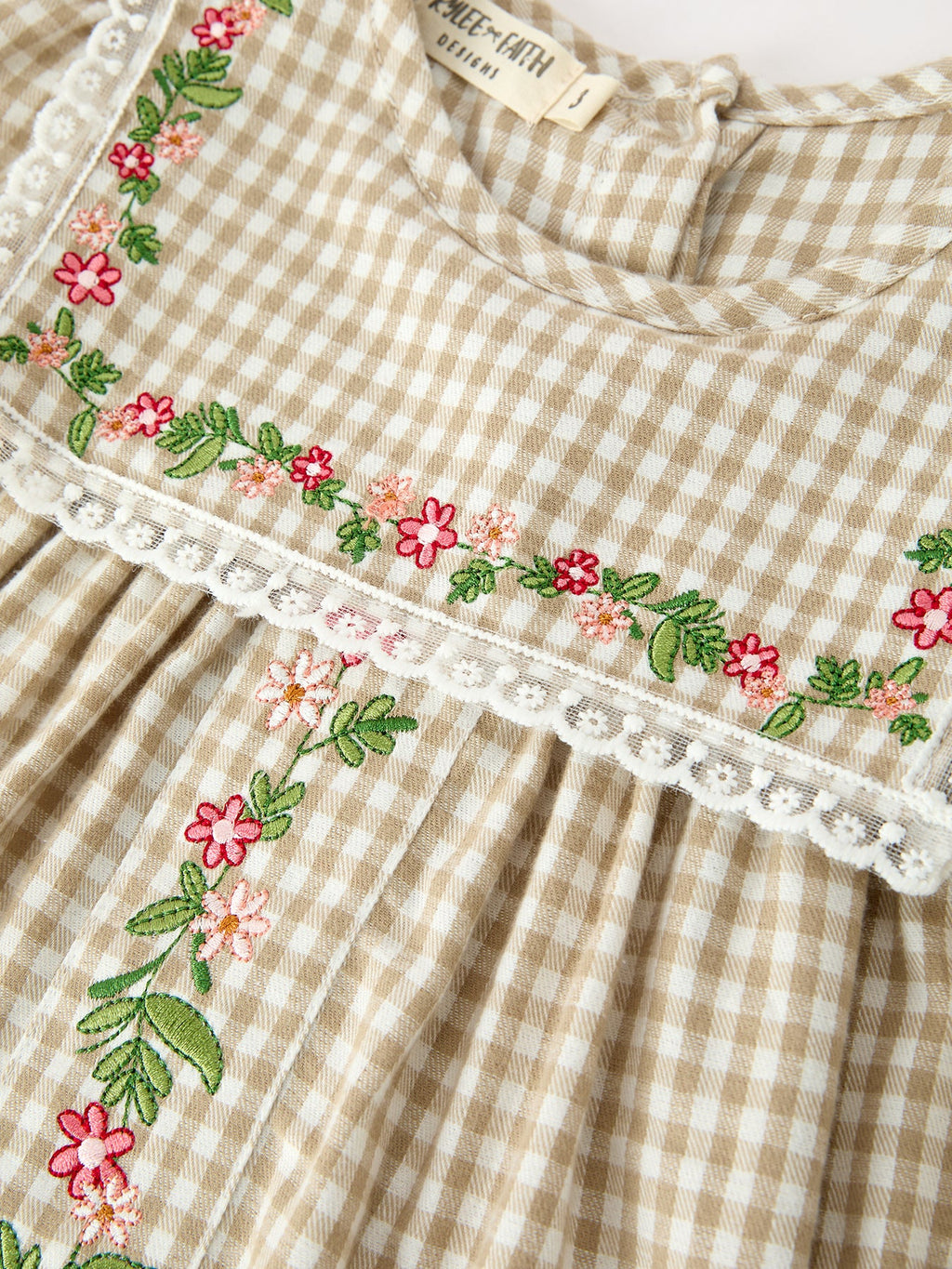 Fall Girls Khaki Plaid Floral Embroidered Dress -