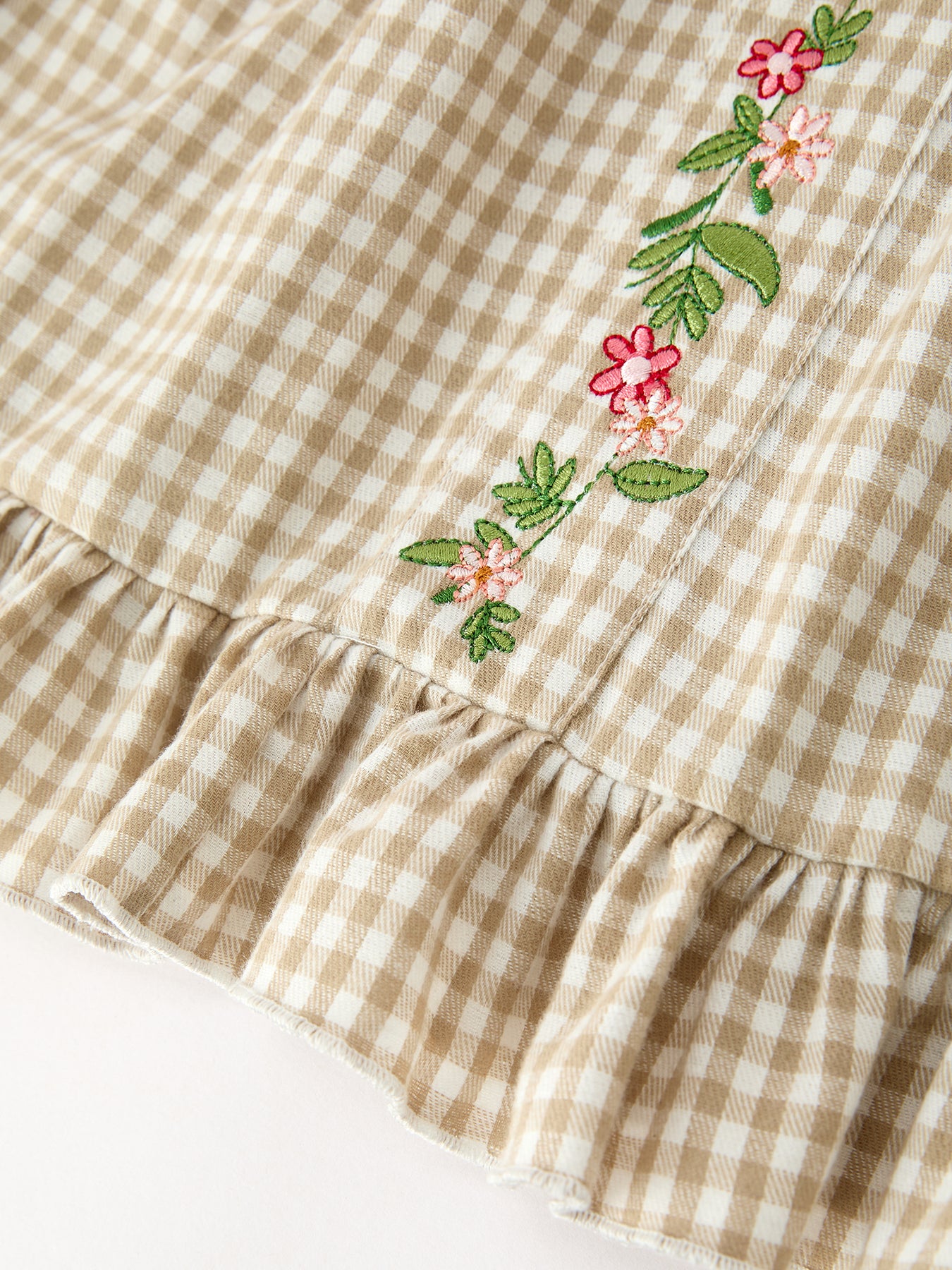 Fall Girls Khaki Plaid Floral Embroidered Dress -