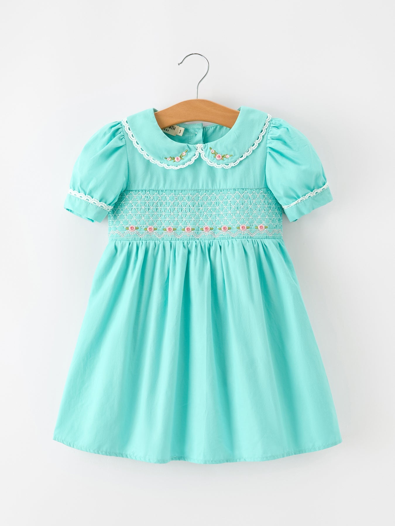 FALL Girls Aqua Floral Embroidered Smocked Dress -