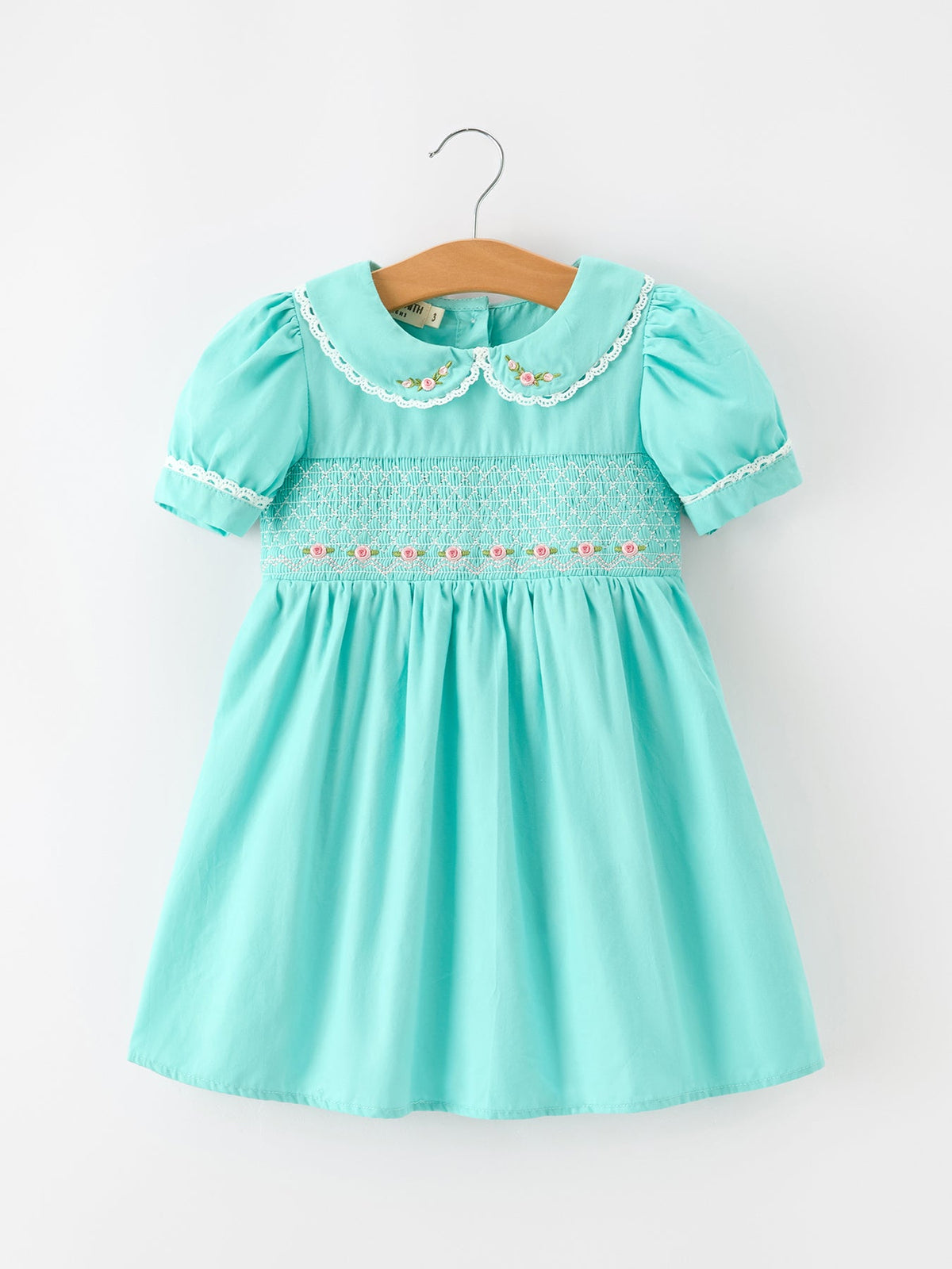 FALL Girls Aqua Floral Embroidered Smocked Dress -