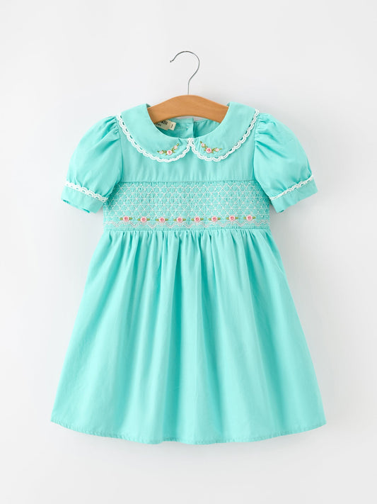 FALL Girls Aqua Floral Embroidered Smocked Dress -