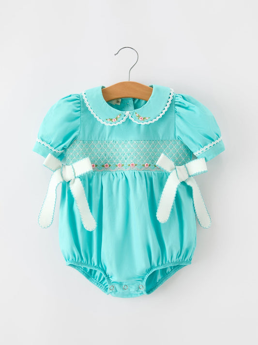 FALL Girls Aqua Smocked Floral Bow Bubble Romper -