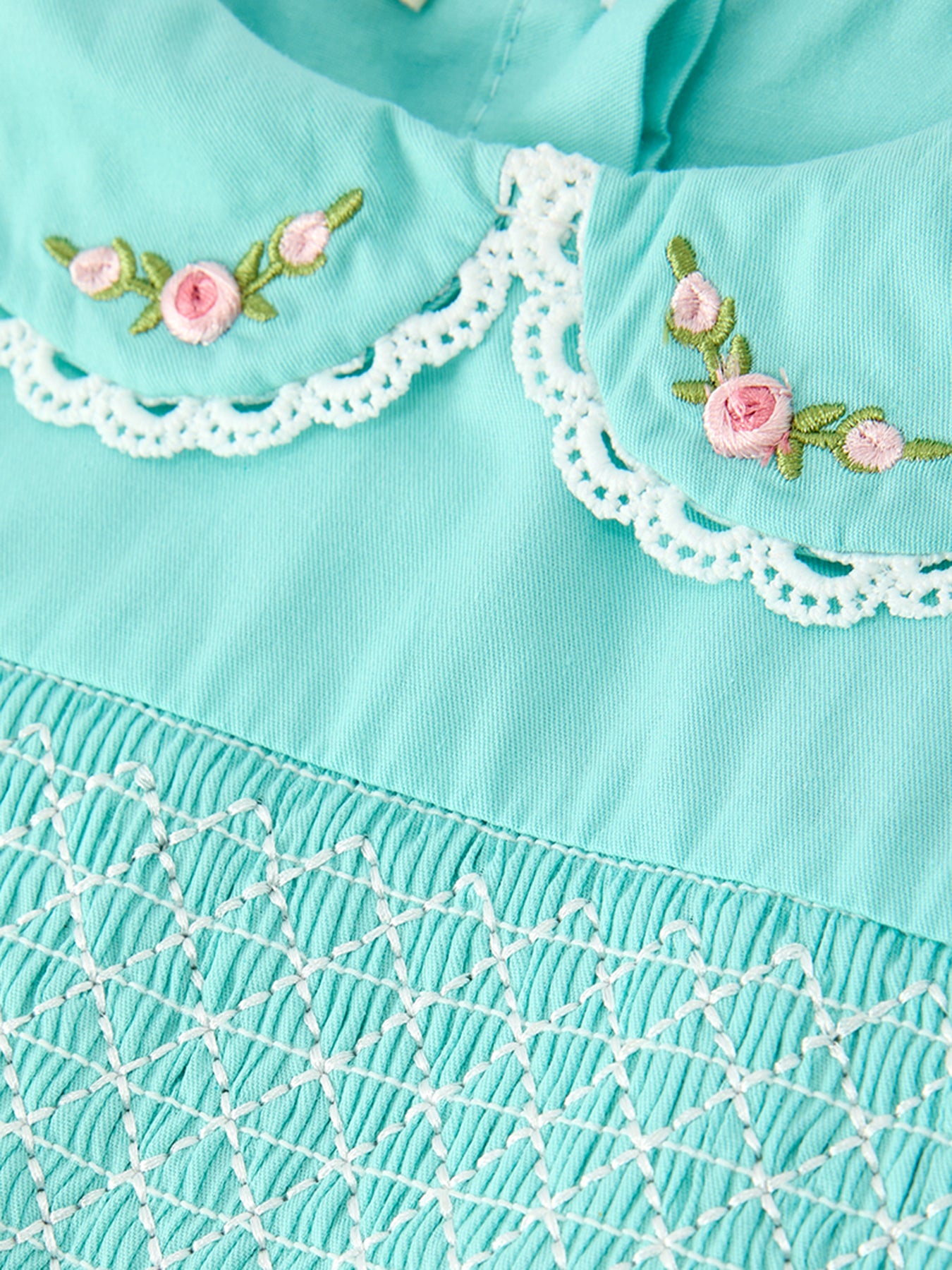 FALL Girls Aqua Floral Embroidered Smocked Dress -