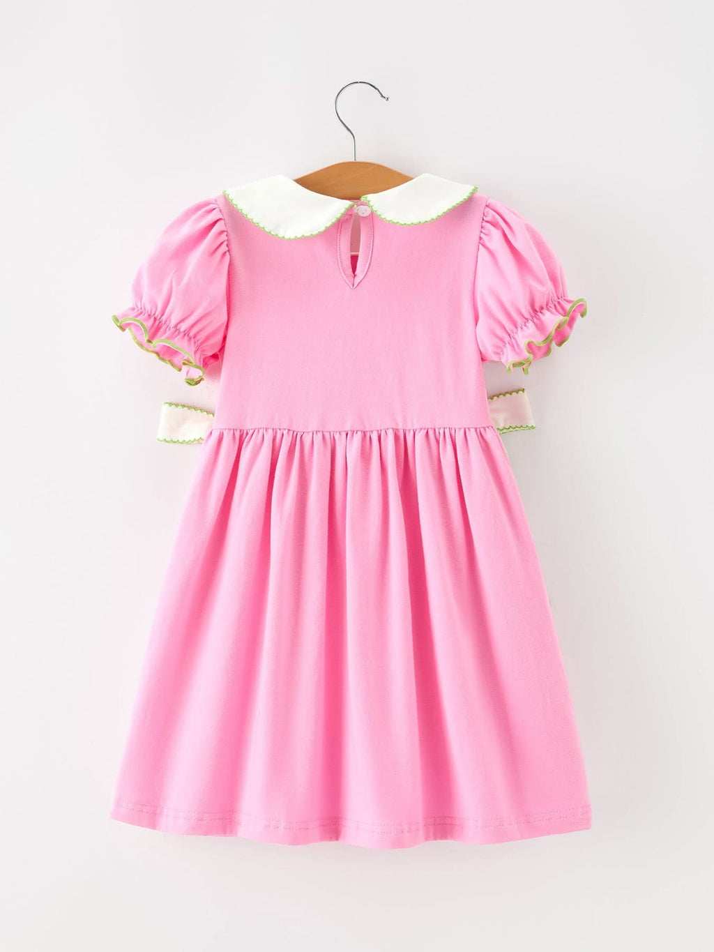 Girls Christmas Pink Bow & Christmas Tree Peter Pan Collar Dress -