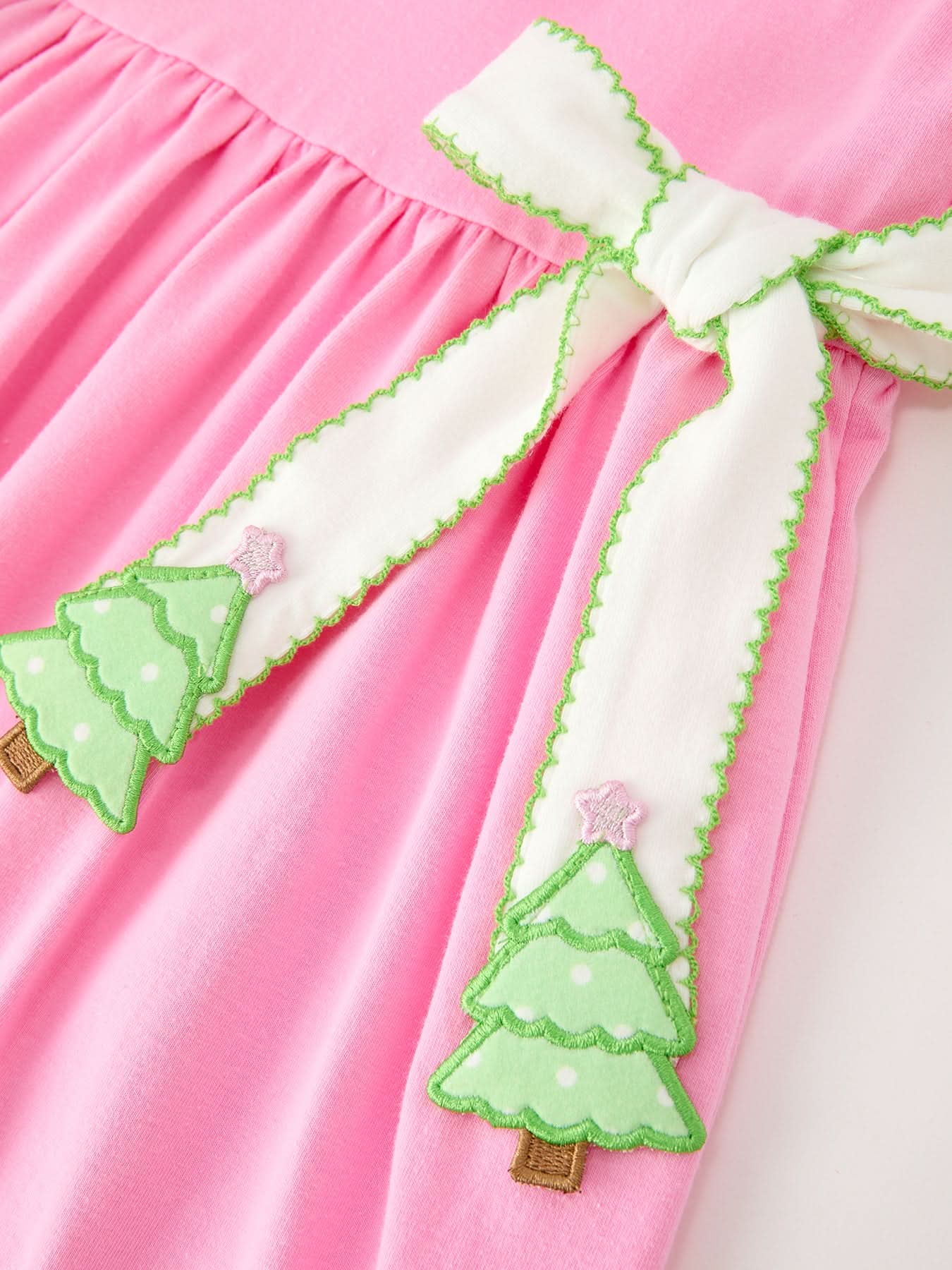 Girls Christmas Pink Bow & Christmas Tree Peter Pan Collar Dress -
