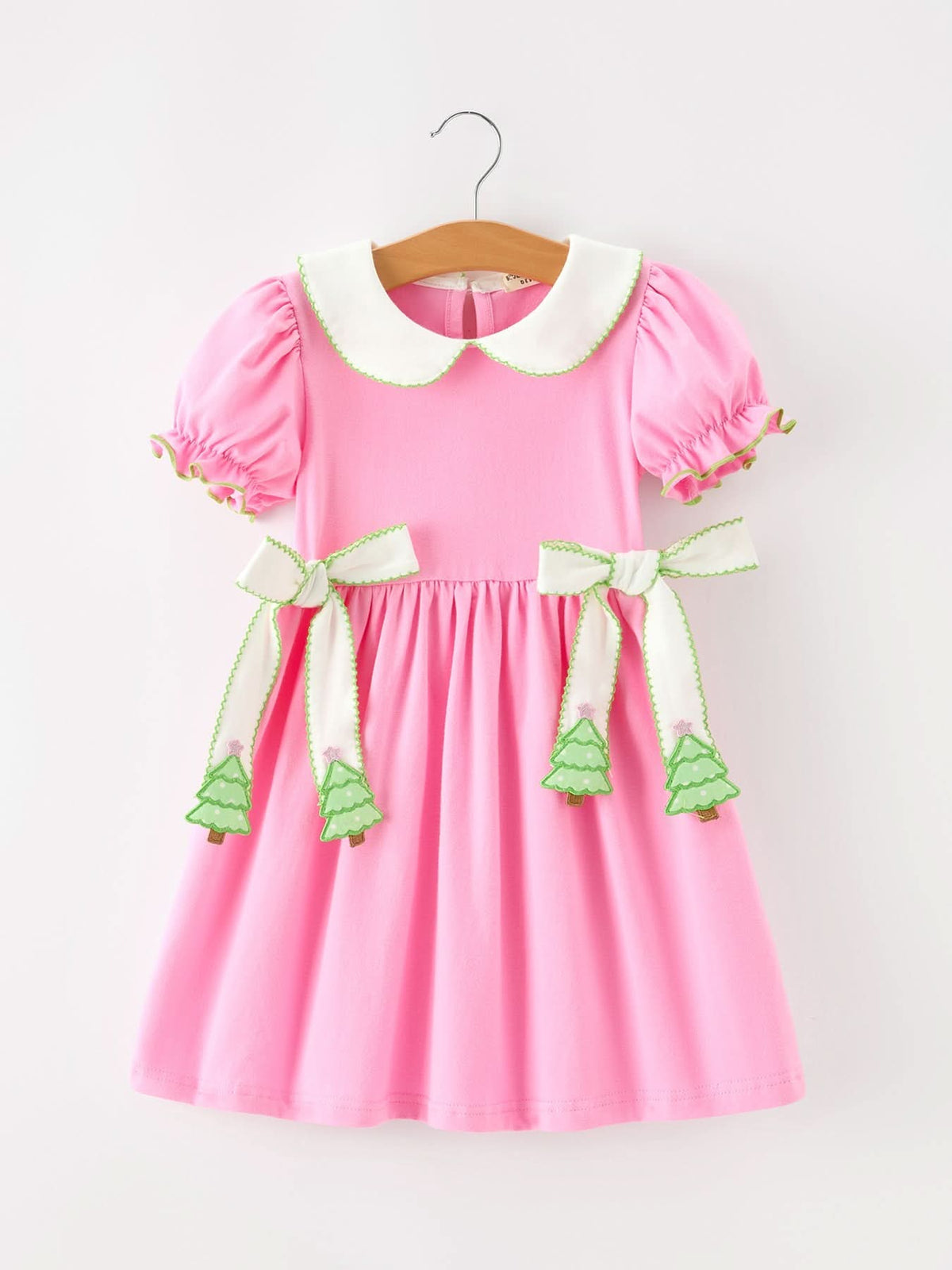 Girls Christmas Pink Bow & Christmas Tree Peter Pan Collar Dress -