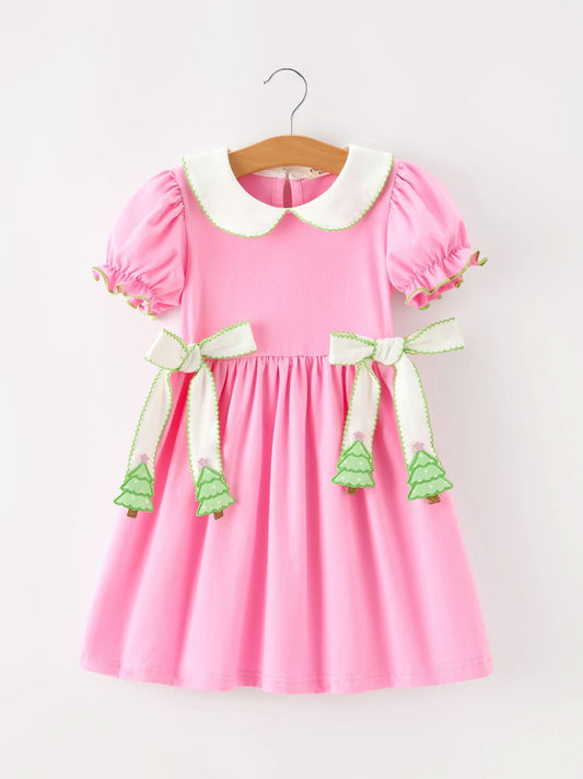 Girls Christmas Pink Bow & Christmas Tree Peter Pan Collar Dress -