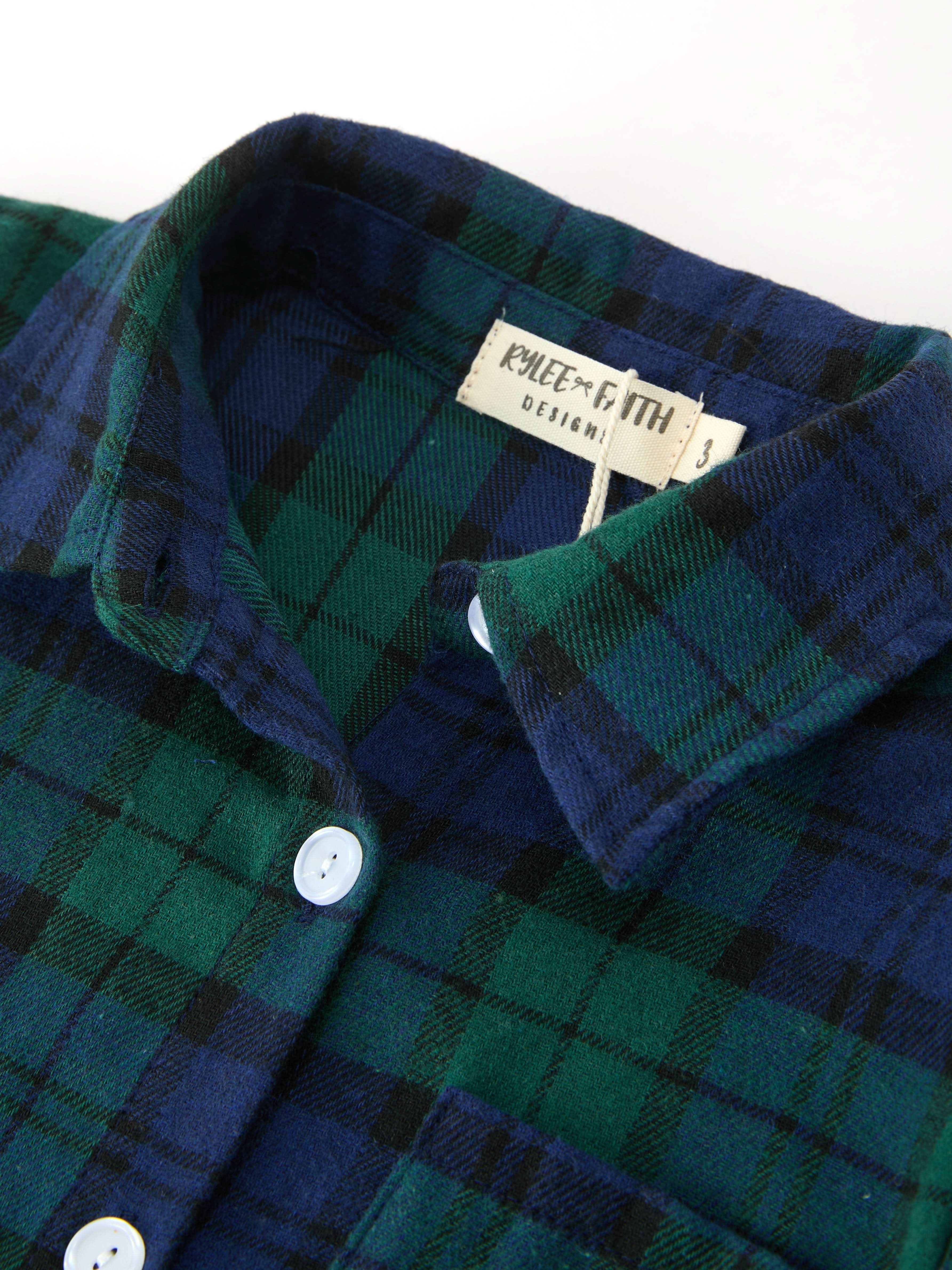 Christmas Boys Green & Navy Plaid Button Down Shirt -