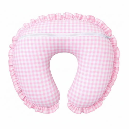Pink Gingham Ruffle Nursing Pillow Cover in - photo