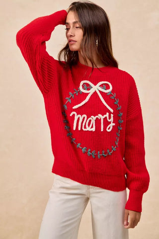 BiBi Christmas Wreath Merry Letter Knit Top in - photo