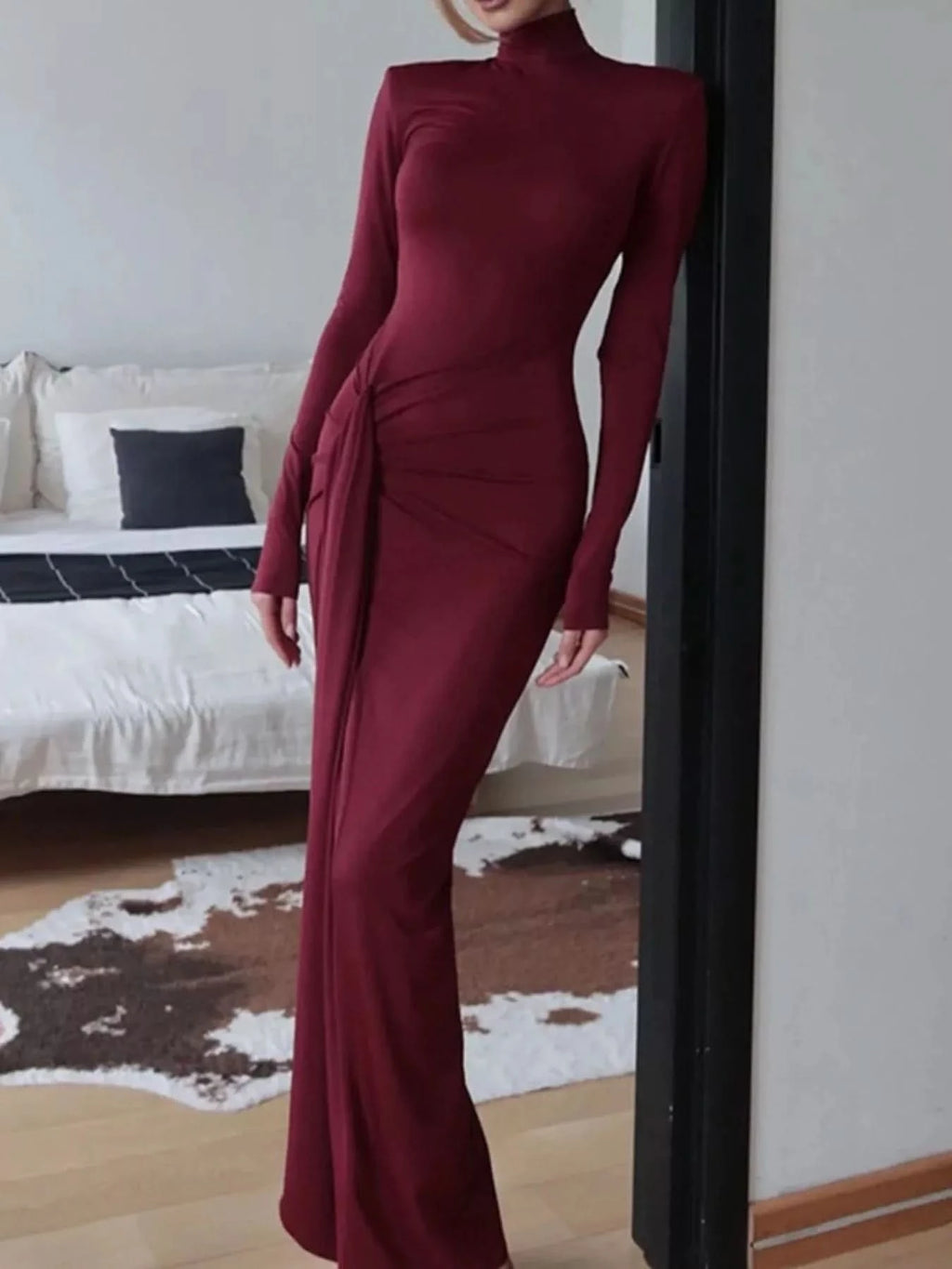 Turtleneck Long Sleeve Slit Maxi Dress Burgundy / M Turtleneck Long Sleeve Slit Maxi Dress Burgundy / M