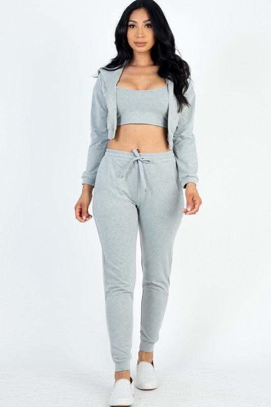 Cropped Cami with Zip-up Jacket and Joggers Set - SwagglyLife Home & Fashion