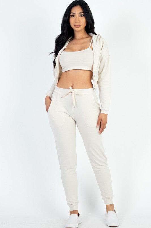 Cropped Cami with Zip-up Jacket and Joggers Set - SwagglyLife Home & Fashion