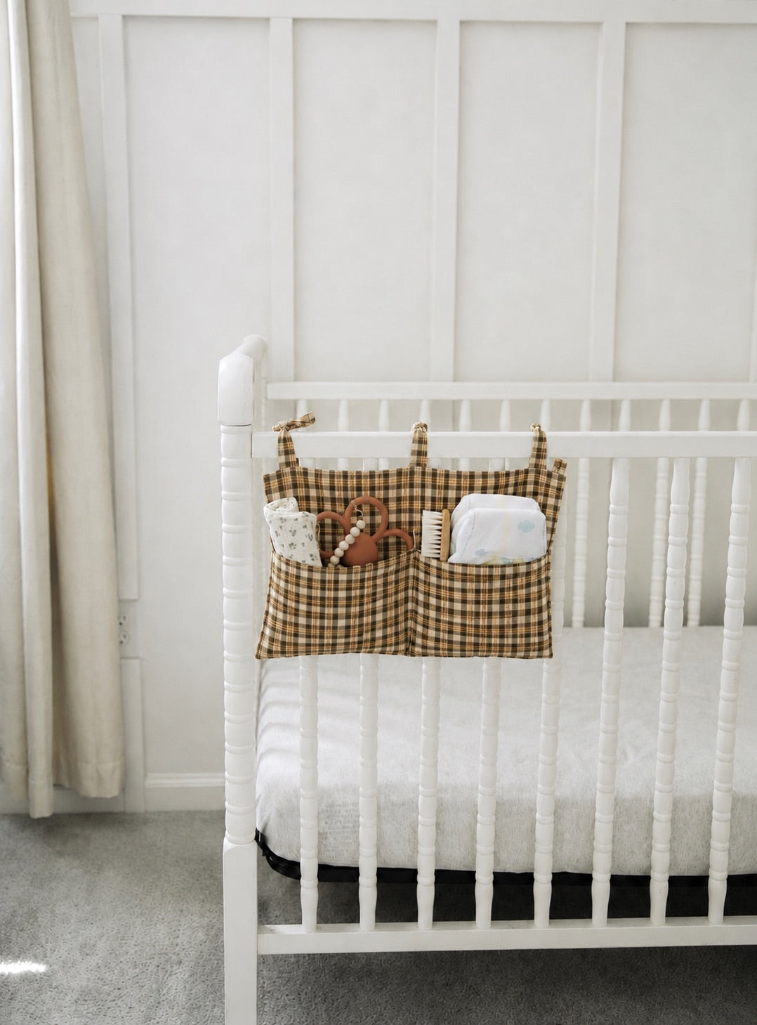 Crib Diaper Caddy Storage Organizer Nursery Room - Brown Plaid