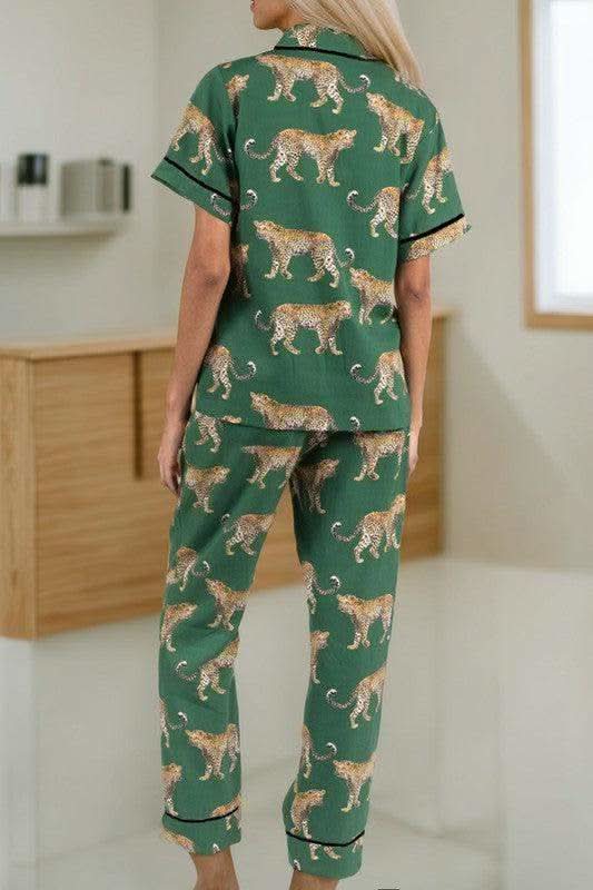 Cheetah Short Sleeve Shirt and Pants Pajama Set in - photo