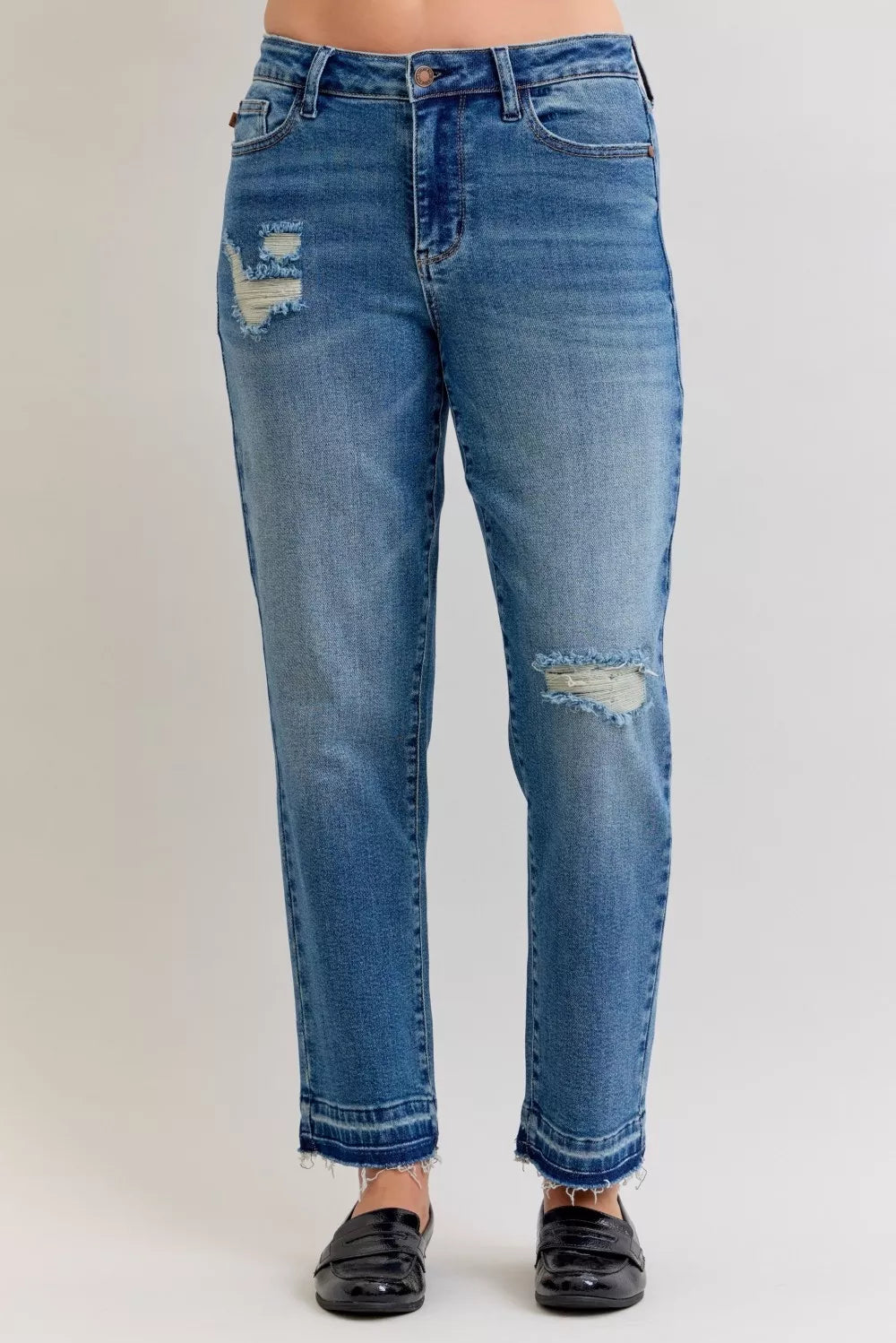 Judy Blue Full Size Mid Rise Bf Patch & Repair Destroy Release Hem Jeans Plus Size in - photo