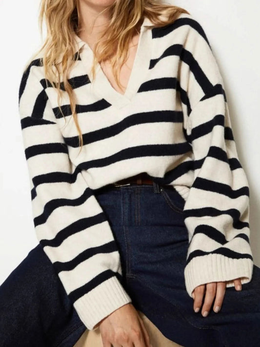 Striped Johnny Collar Long Sleeve Sweater in White - photo