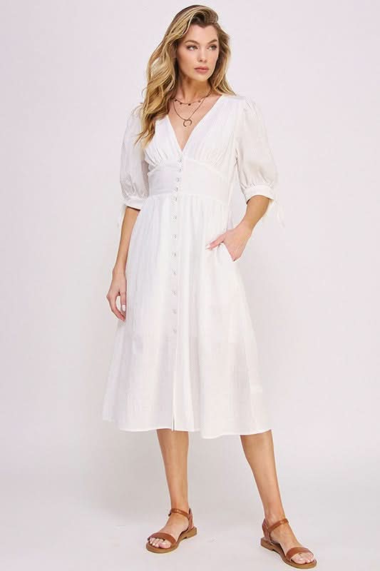 3/4 PUFF SLV TEXTURE VNECK BUTTON DOWN MIDI DRESS in OFF WHITE - photo