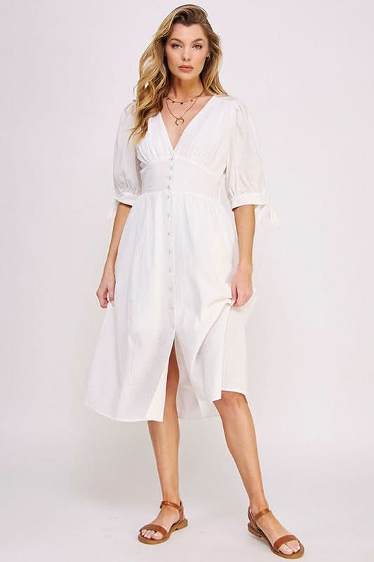 3/4 PUFF SLV TEXTURE VNECK BUTTON DOWN MIDI DRESS in - photo