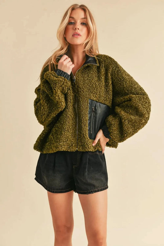 Aemi + Co Collared Neck Zip Up Sherpa Jacket in - photo