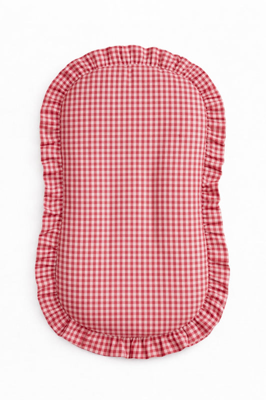Red Gingham Ruffle Baby Lounger Cover in Ruffle - nest lounger photo