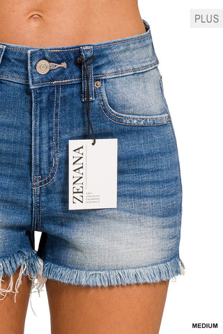 Zenana PLUS Mid Rise Raw Frayed Hem Denim Shorts