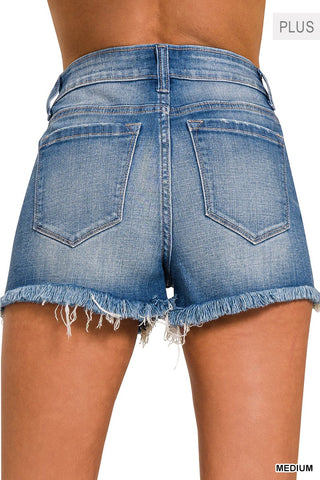 Zenana PLUS Mid Rise Raw Frayed Hem Denim Shorts