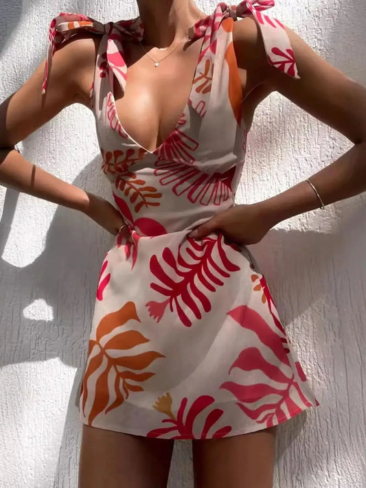 Printed Tie-Shoulder Mini Dress in Picture Color - photo