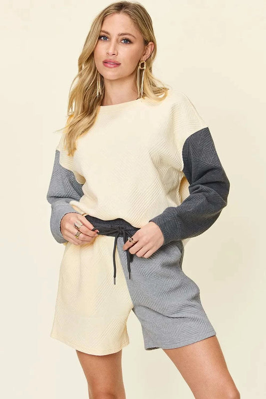 Double Take Full Size Contrast Drop Shoulder Top and Shorts Set in Cloudy Blue - photo