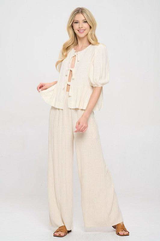 Renee C. Linen Puff Sleeve Top w Front Bow in - tops photo