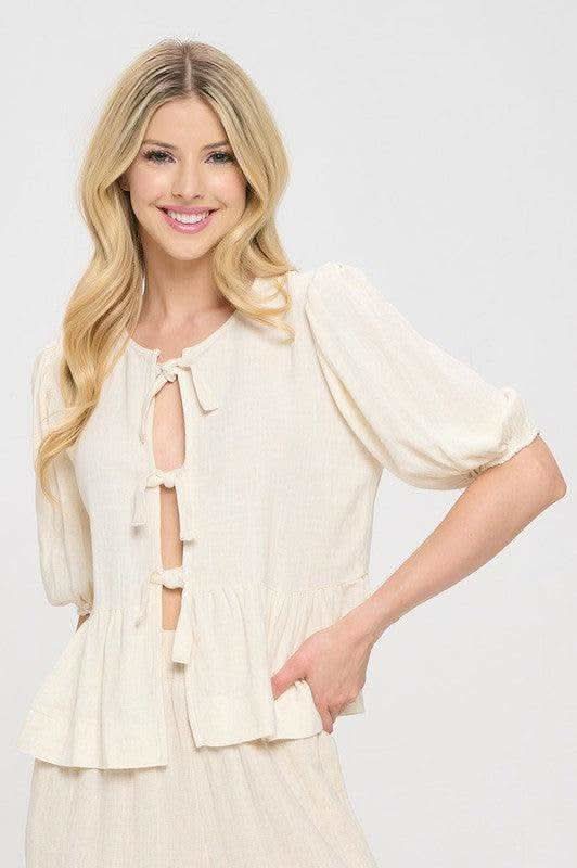 Renee C. Linen Puff Sleeve Top w Front Bow - SwagglyLife Home & Fashion