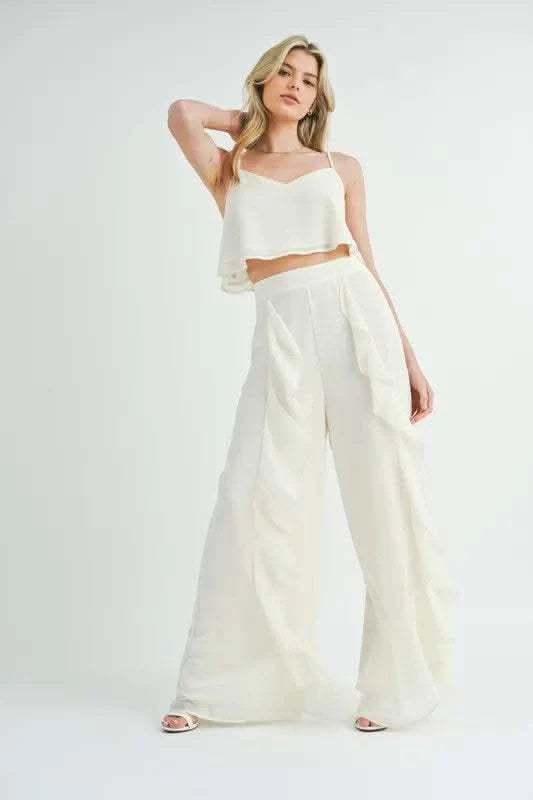 MABLE Crop Cami and Ruffled Wide Leg Pants Set - SwagglyLife Home & Fashion