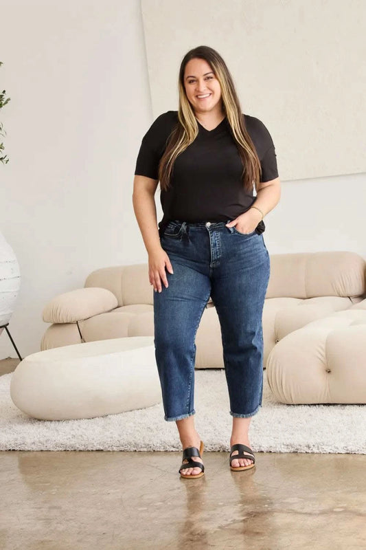 RFM Full Size Tummy Control High Waist Raw Hem Jeans in Dark Potassium w destruct - photo