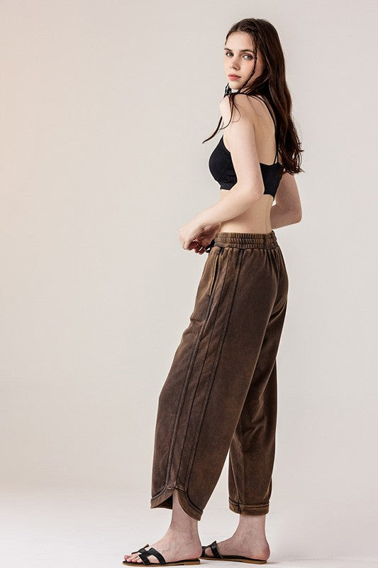 Dolphin Tail Wide Leg Mineral Washed Pants in Brown - photo