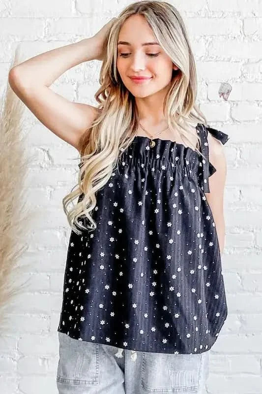 And The Why Daisy Polka Dot Print Ruffle Tank Top in BLACK - photo