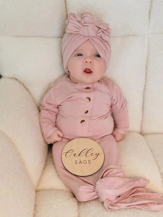 Newborn Knotted Gown and 3 Bow Turban Hat - Dusty Rose in - Newborn Knotted Baby Gown Sets photo