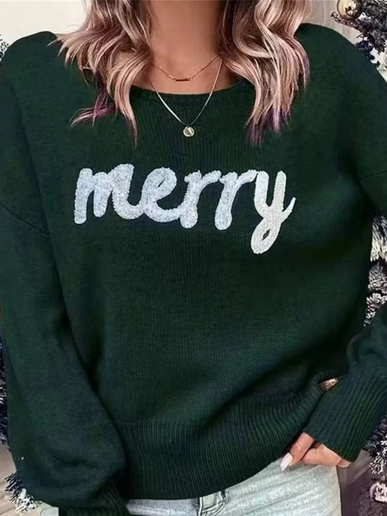 Merry Round Neck Dropped Shoulder Christmas Sweater in Sage - photo