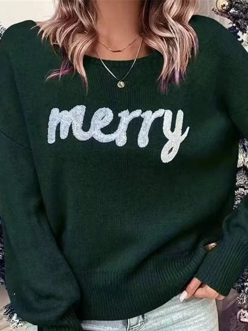 Merry Round Neck Dropped Shoulder Christmas Sweater in Sage - photo