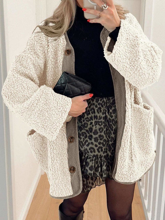 Contrast Button Up Sherpa Jacket with Pockets in - photo