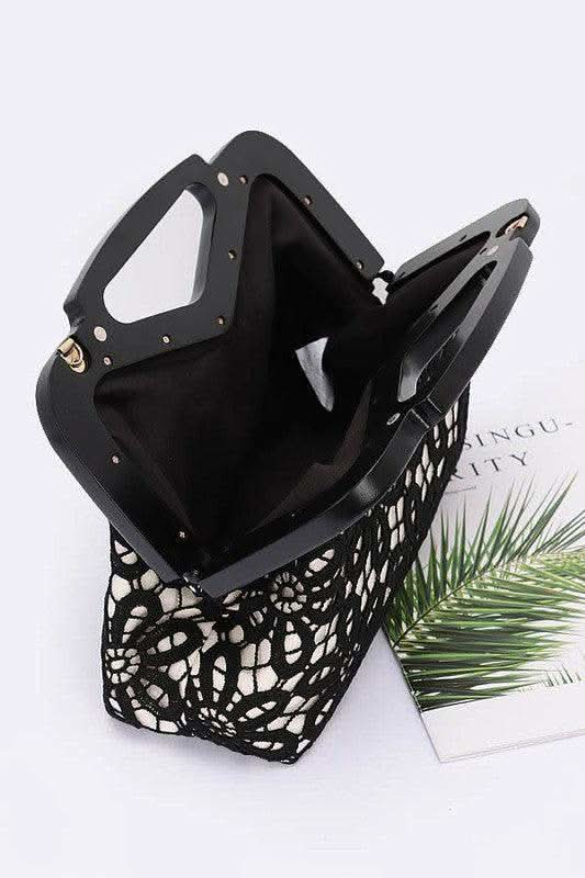 Wooden Frame Crochet Flower Top Handle Clutch - SwagglyLife Home & Fashion