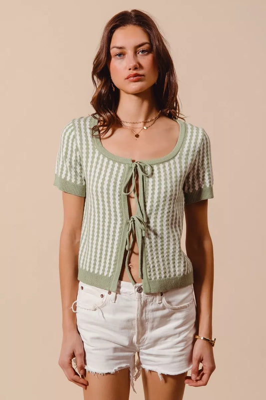 SO ME Tie Front Textured Vertical Stripe Knit Cardigan in SAGE OFF WHITE - photo
