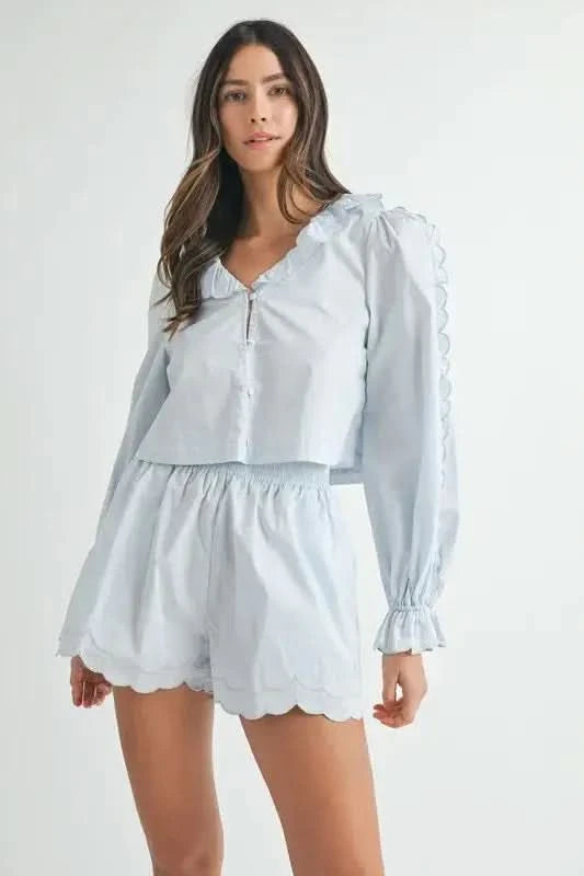 MABLE Long Sleeve Scallop Blouse and Shorts Set in Lt Blue - photo